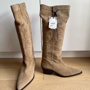 Zara Suede Western Boots 9 40 Premium Boho Tan Brown Knee High